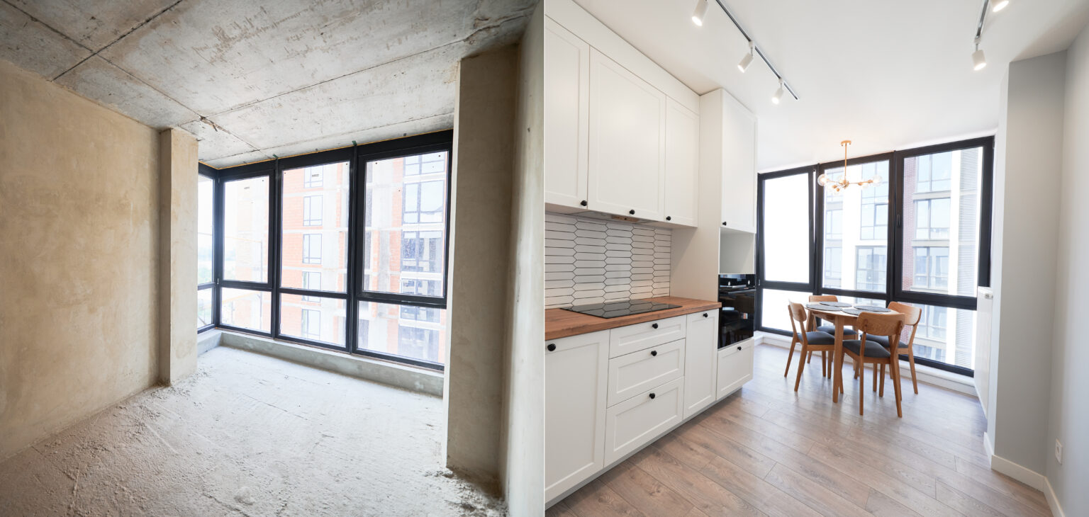Comparison of old apartment and new flat with modern interior, parquet floor, table, chairs and white walls. Concept of home renovation. Empty room with large window before and after restoration.