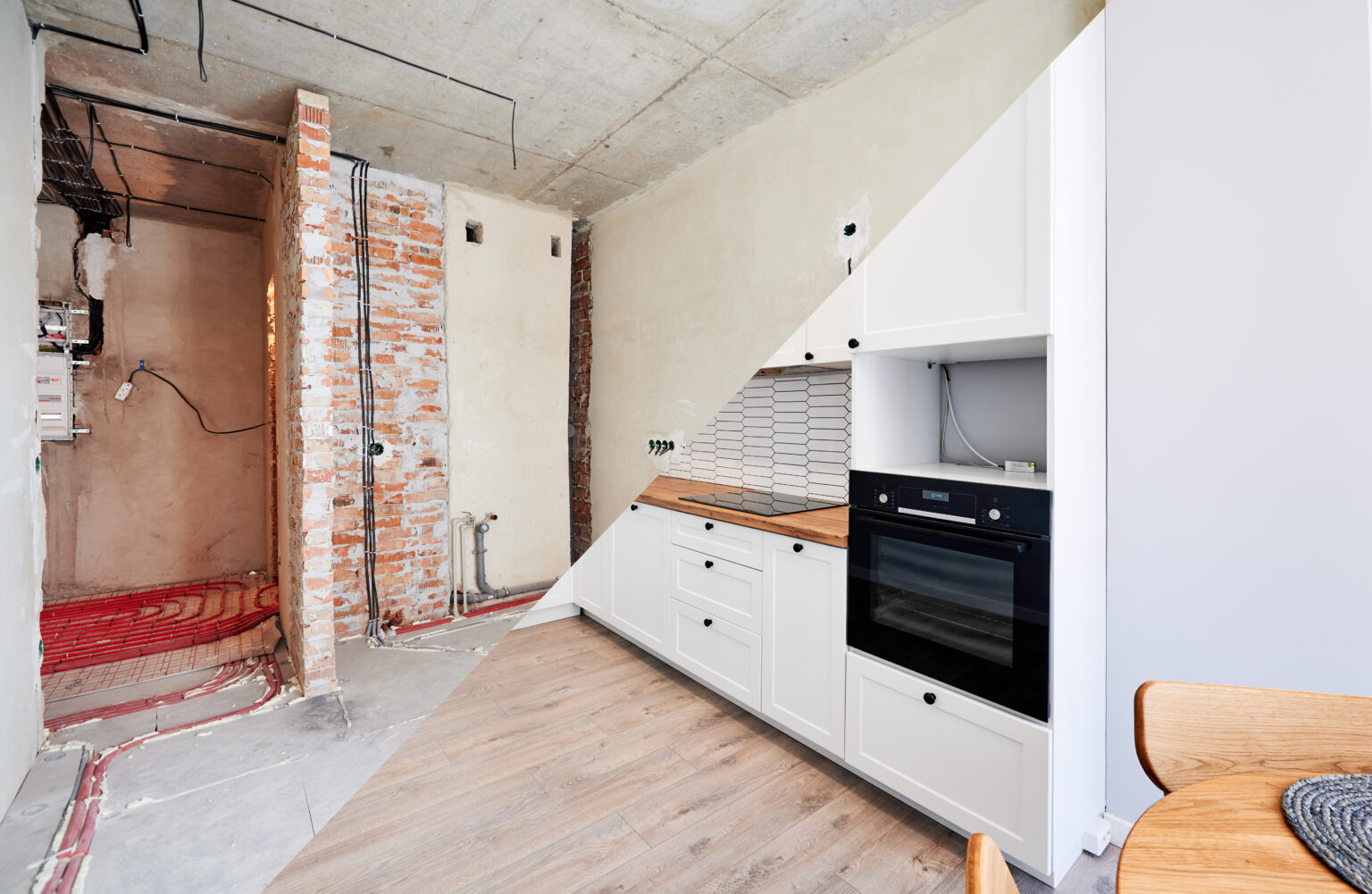 Photo collage of apartment before and after restoration or refurbishment. Comparison of old room and new kitchen with parquet floor, doorway, kitchen counter and white walls. Home renovation concept.