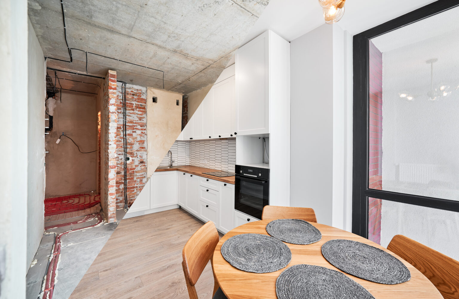 Modern apartment before and after restoration or refurbishment. Comparison of old kitchen room and new place with parquet floor, table, kitchen counter, stove and white walls. Home renovation concept.