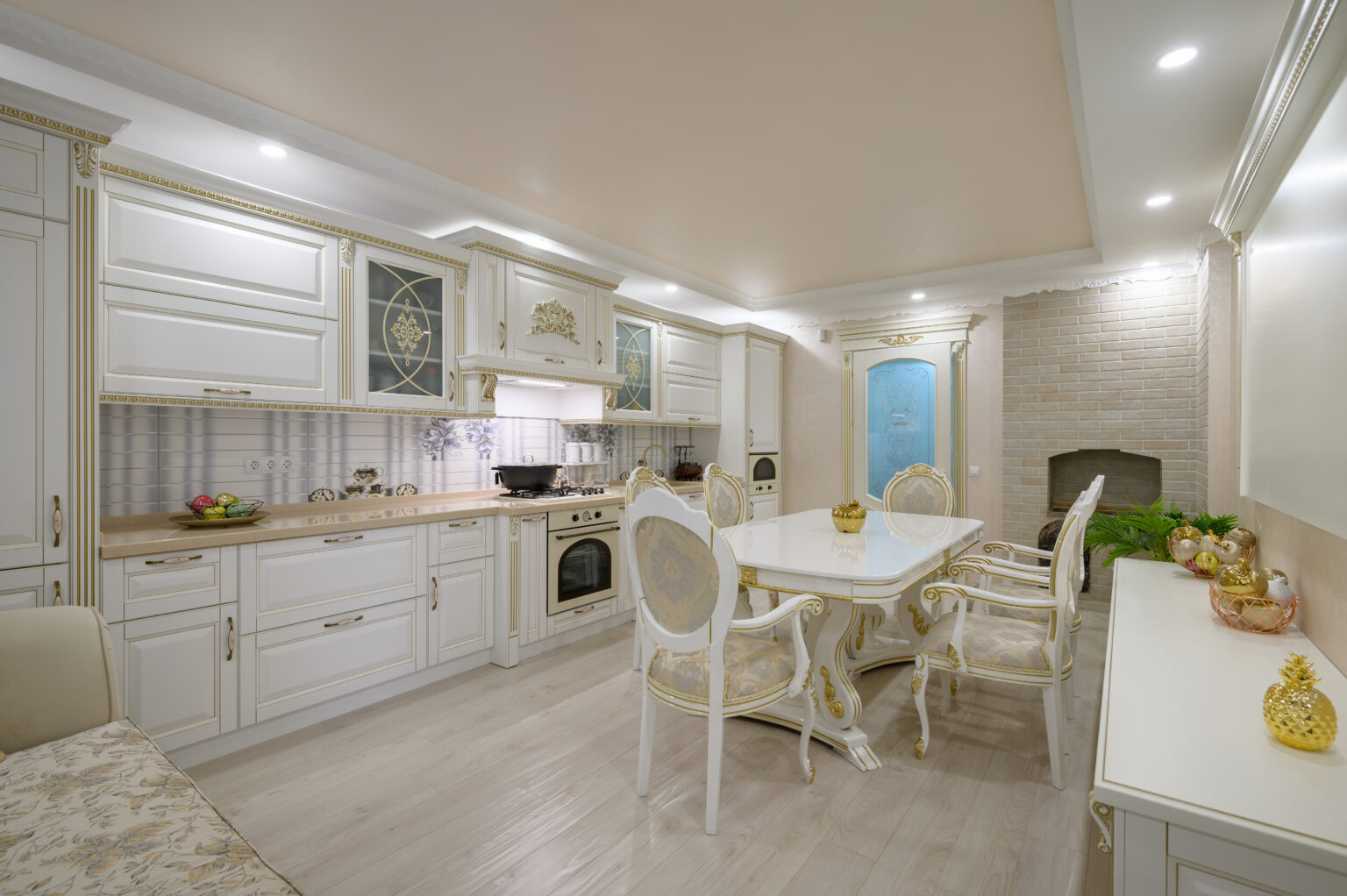 Interior renovation showcase of rich classic white kitchen