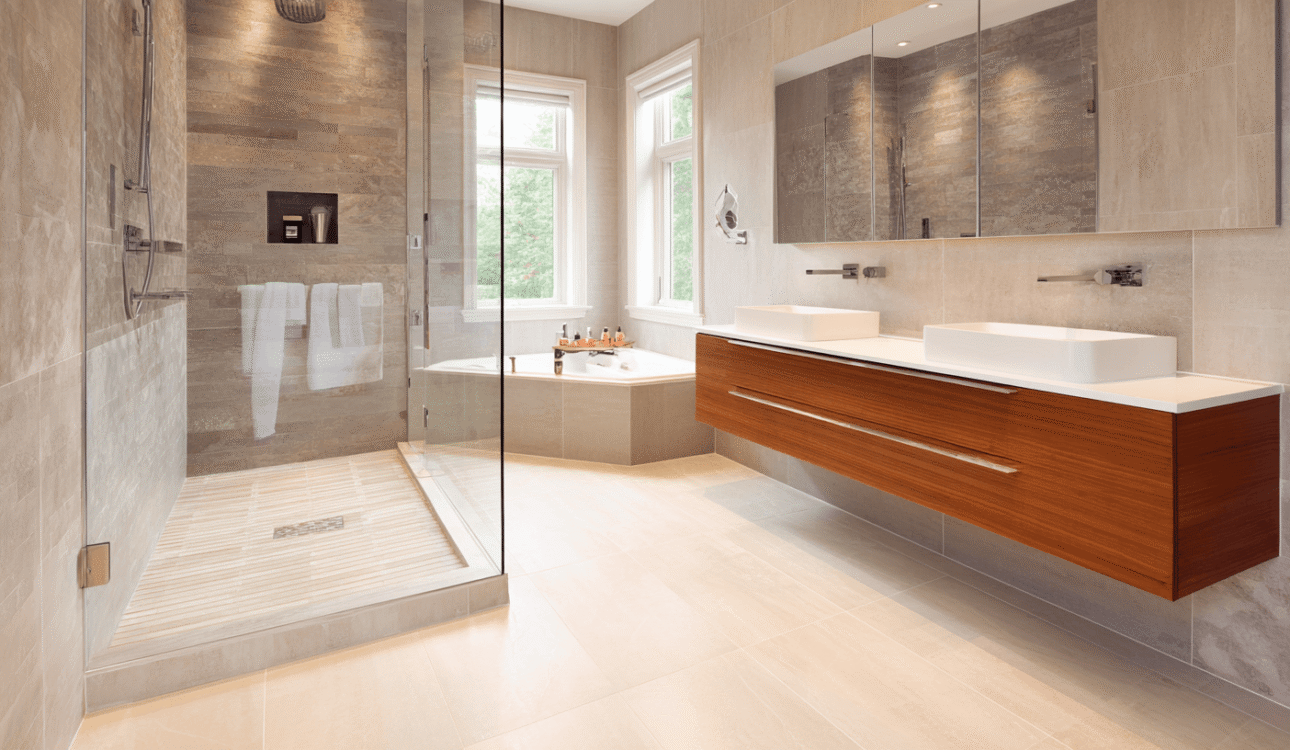Modern spa-style bathroom renovation in Toronto with glass walk-in shower, floating vanity, and natural stone tiles in a large luxury bathroom design.