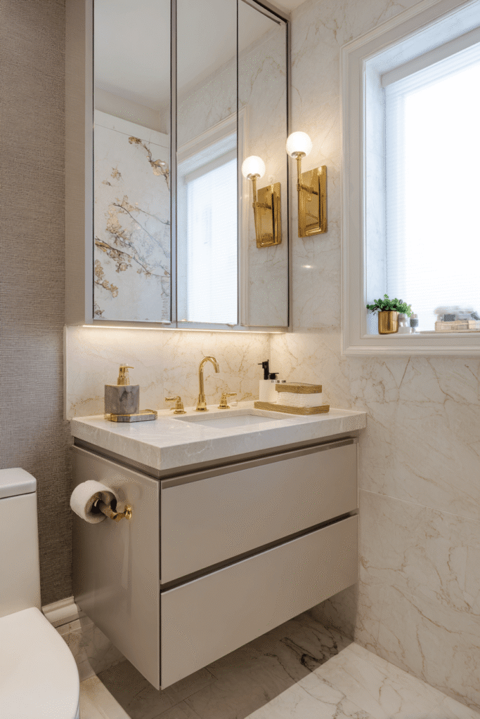 Small bathroom renovation in Toronto with floating vanity, marble walls, and gold fixtures showing elegant compact bathroom design.