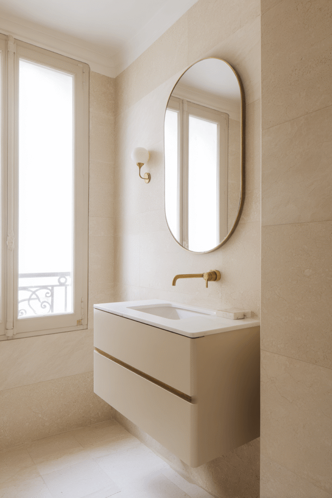 French modern small bathroom renovation in Toronto with floating vanity, curved mirror, and soft natural light showing elegant minimalist design.
