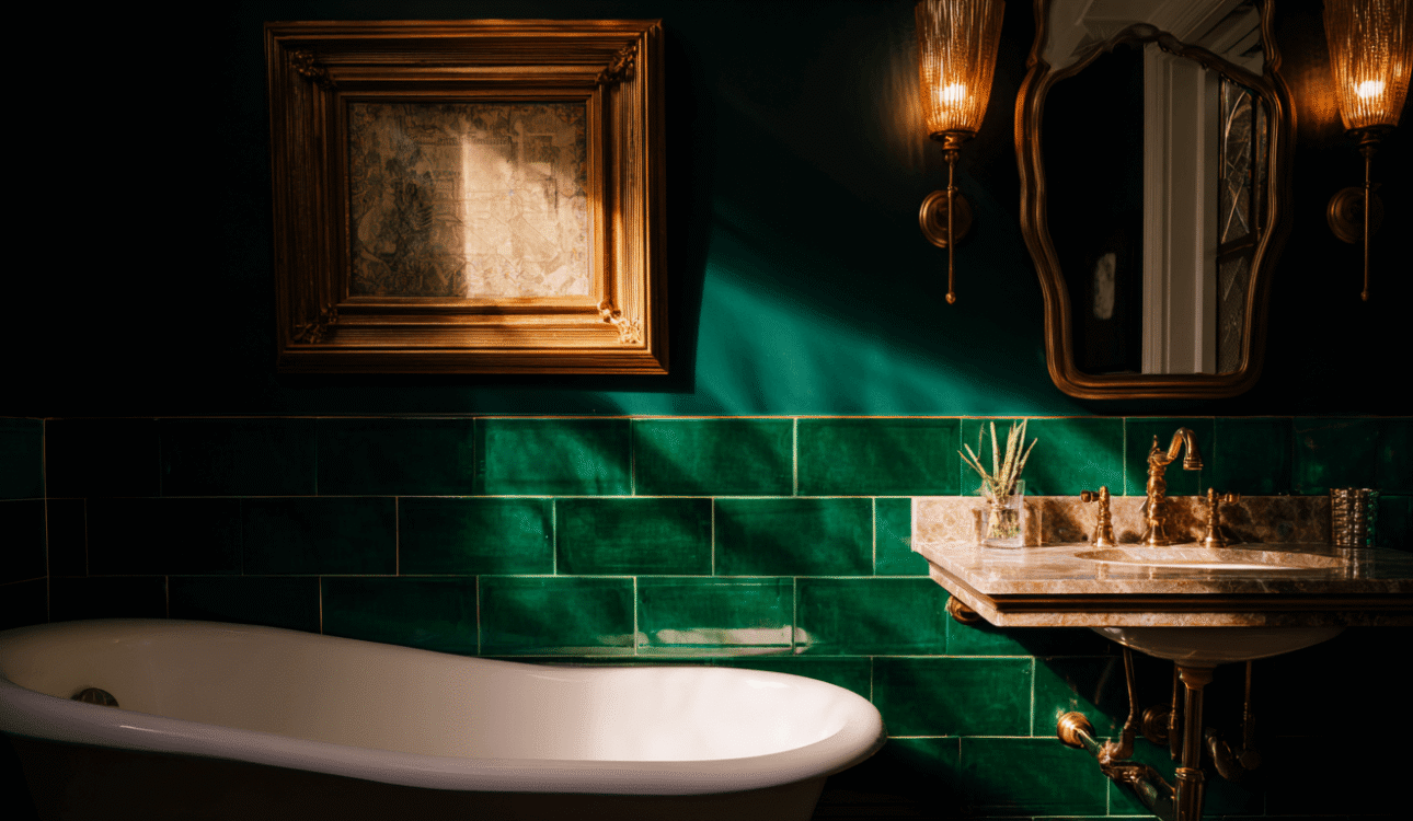 Elegant clawfoot bathtub with emerald green tiles and gold fixtures in a vintage-inspired bathroom renovation Toronto project.