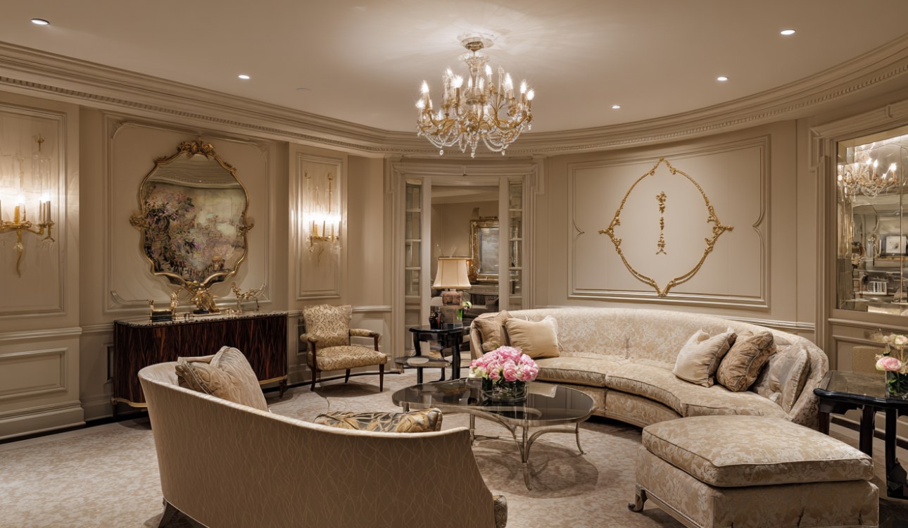 French classic basement lounge with beige tones, ornate wall moldings, chandelier, and curved sofa for a luxury basement renovation