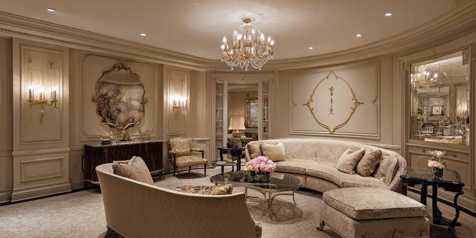 French classic basement lounge with beige tones, ornate wall moldings, chandelier, and curved sofa for a luxury basement renovation
