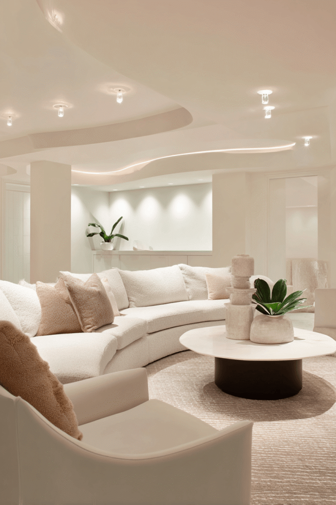 French modern basement renovation in Toronto featuring a curved sectional sofa, soft neutral tones, recessed lighting, and a minimalist luxury design.