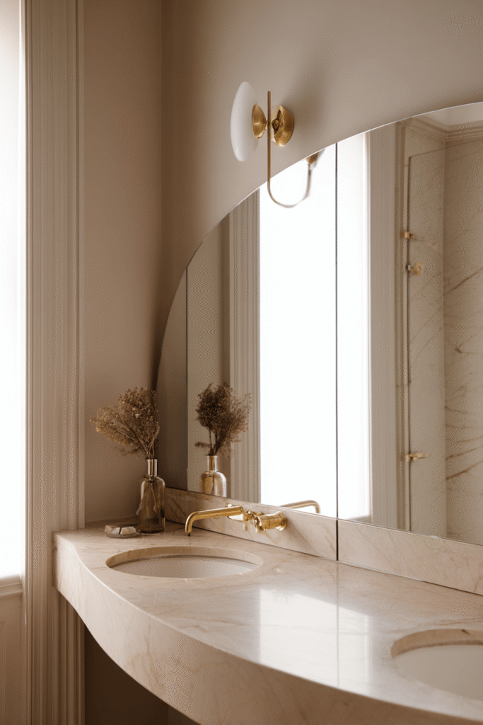 French modern bathroom renovation ideas in Toronto featuring a curved mirror, beige stone vanity, and brass wall-mounted fixtures with soft natural lighting.