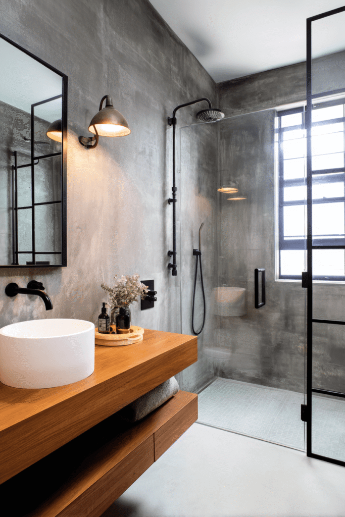 Industrial-style bathroom renovation in Toronto with concrete walls, black fixtures, wood vanity, and glass shower