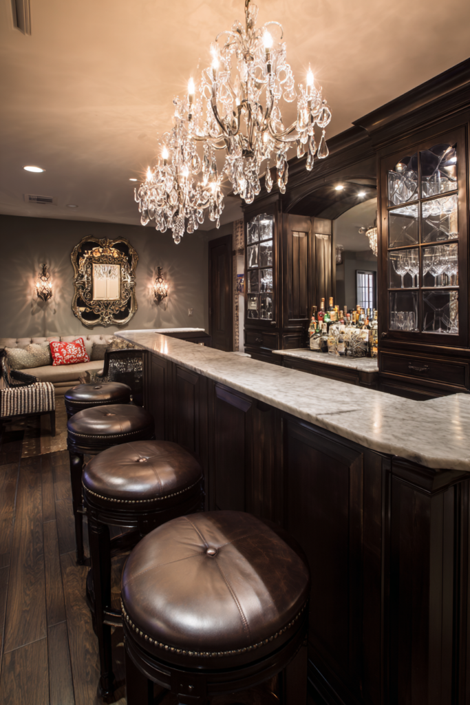 Luxury basement bar with dark wood cabinetry, marble countertop, leather stools, and chandelier lighting in a Toronto home renovation