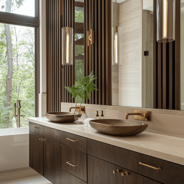Luxury bathroom renovation with double vanity, wood cabinetry, vertical slat wall accents, and freestanding tub, designed for a modern Toronto home.