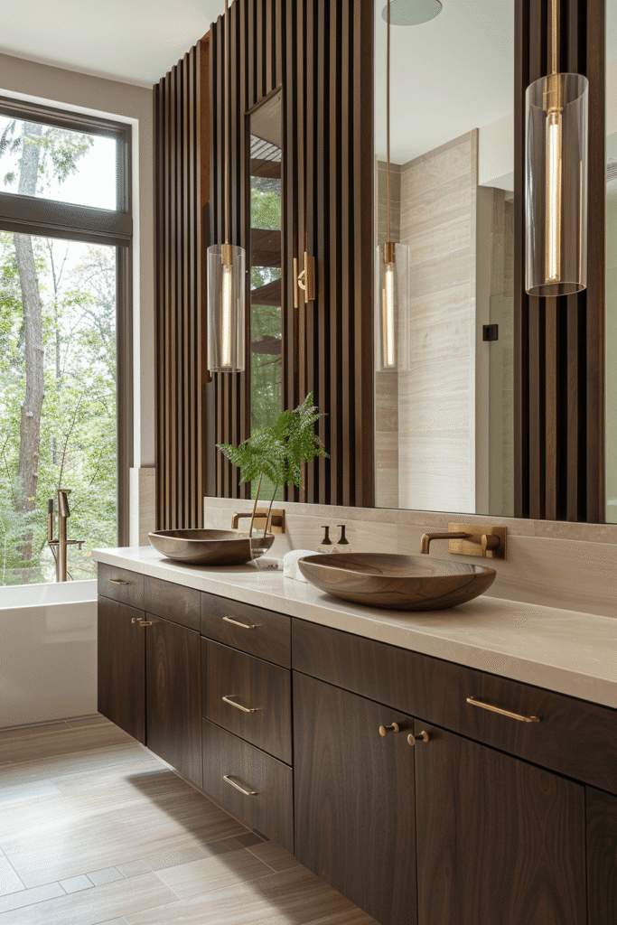 Luxury bathroom renovation with double vanity, wood cabinetry, vertical slat wall accents, and freestanding tub, designed for a modern Toronto home.