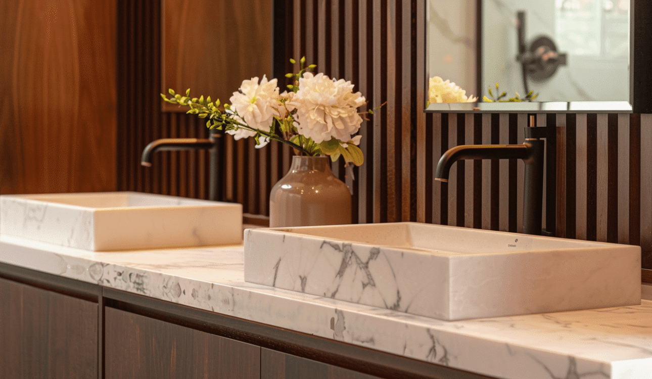 Modern bathroom renovation in Toronto featuring a marble countertop sink, dark wood slat wall design, and matte black fixtures for a warm, high-end finish.