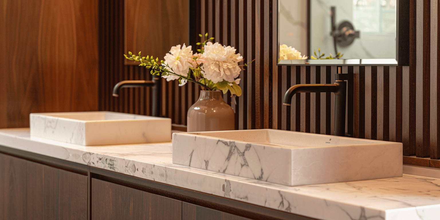 Modern bathroom renovation in Toronto featuring a marble countertop sink, dark wood slat wall design, and matte black fixtures for a warm, high-end finish.