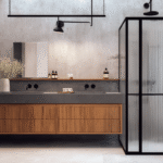 Modern double vanity bathroom renovation in Toronto with wood cabinetry, black fixtures, and textured glass shower partition