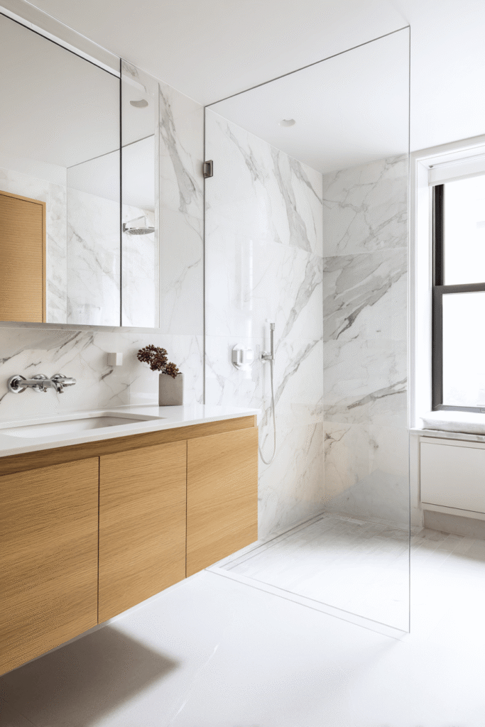 Modern marble bathroom renovation in Toronto with floating wood vanity, glass walk-in shower, and bright minimalist design