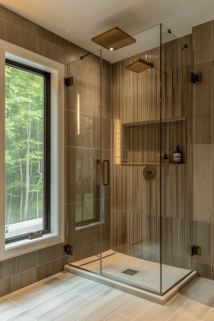Walk-in glass shower with bronze fixtures and built-in niche, showcasing a contemporary bathroom renovation design in Toronto with clean lines and natural light.