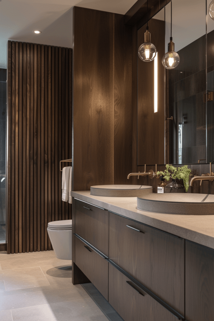 Moody modern bathroom with dark wood vanity, pendant lighting, and minimalist finishes, reflecting a luxury bathroom renovation style in Toronto.
