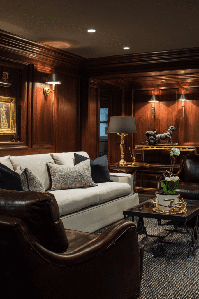 Old money style basement renovation in Toronto with dark wood paneling, leather seating, warm lighting, and a classic luxury lounge aesthetic.