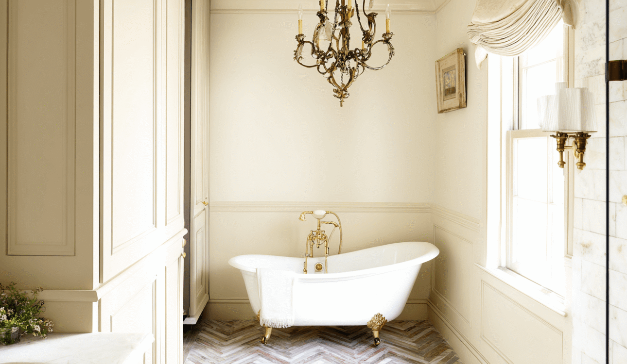 Elegant small bathroom renovation ideas with a clawfoot bathtub, marble walls, brass fixtures, and natural light for a timeless luxury look.