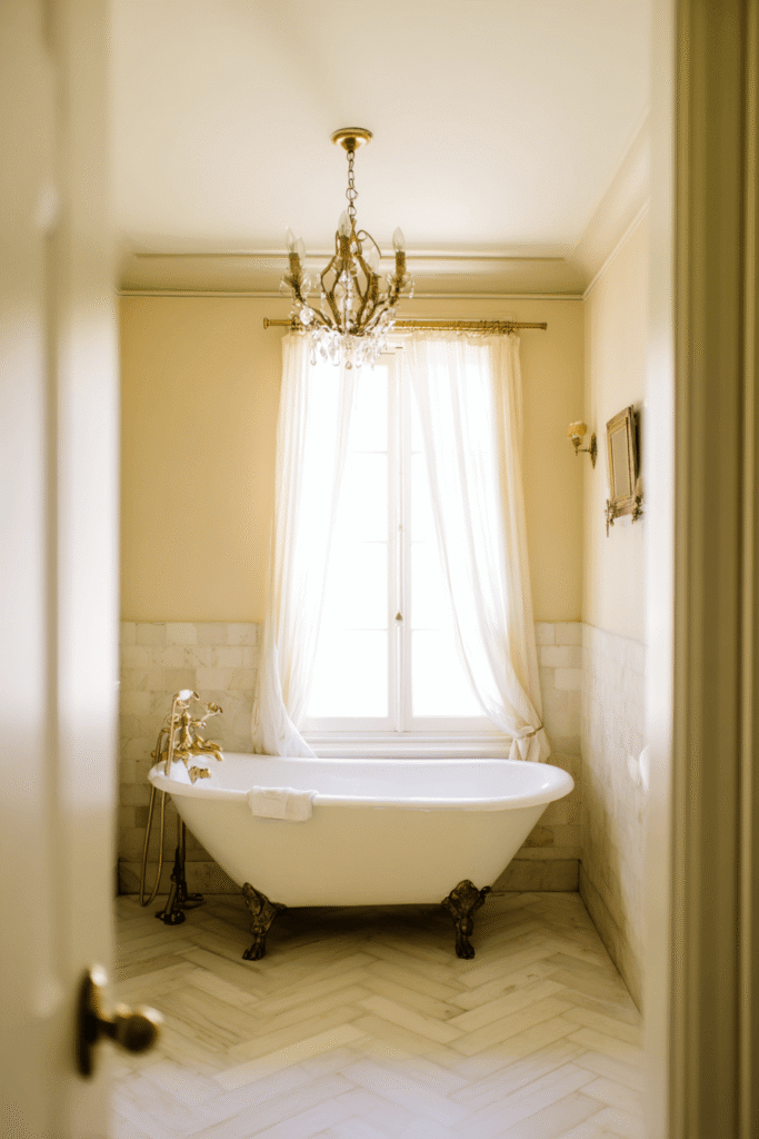 Small bathroom renovation ideas featuring a vintage clawfoot bathtub, marble flooring, and chandelier in an elegant classic bathroom design.