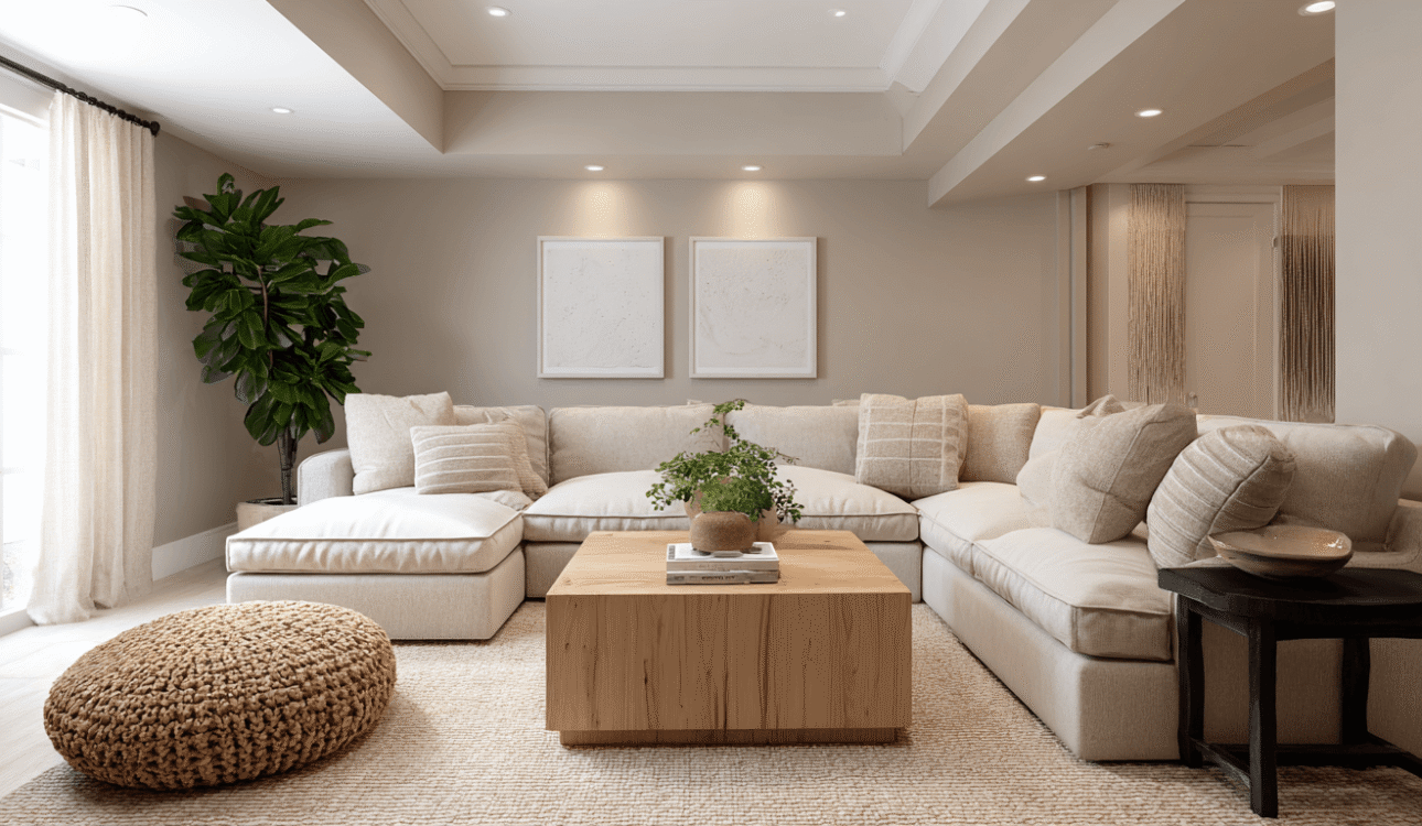 Basement apartment renovation Toronto with open concept layout, large sectional sofa and modern neutral design