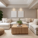Basement apartment renovation Toronto with open concept layout, large sectional sofa and modern neutral design