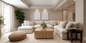 Basement apartment renovation Toronto with open concept layout, large sectional sofa and modern neutral design