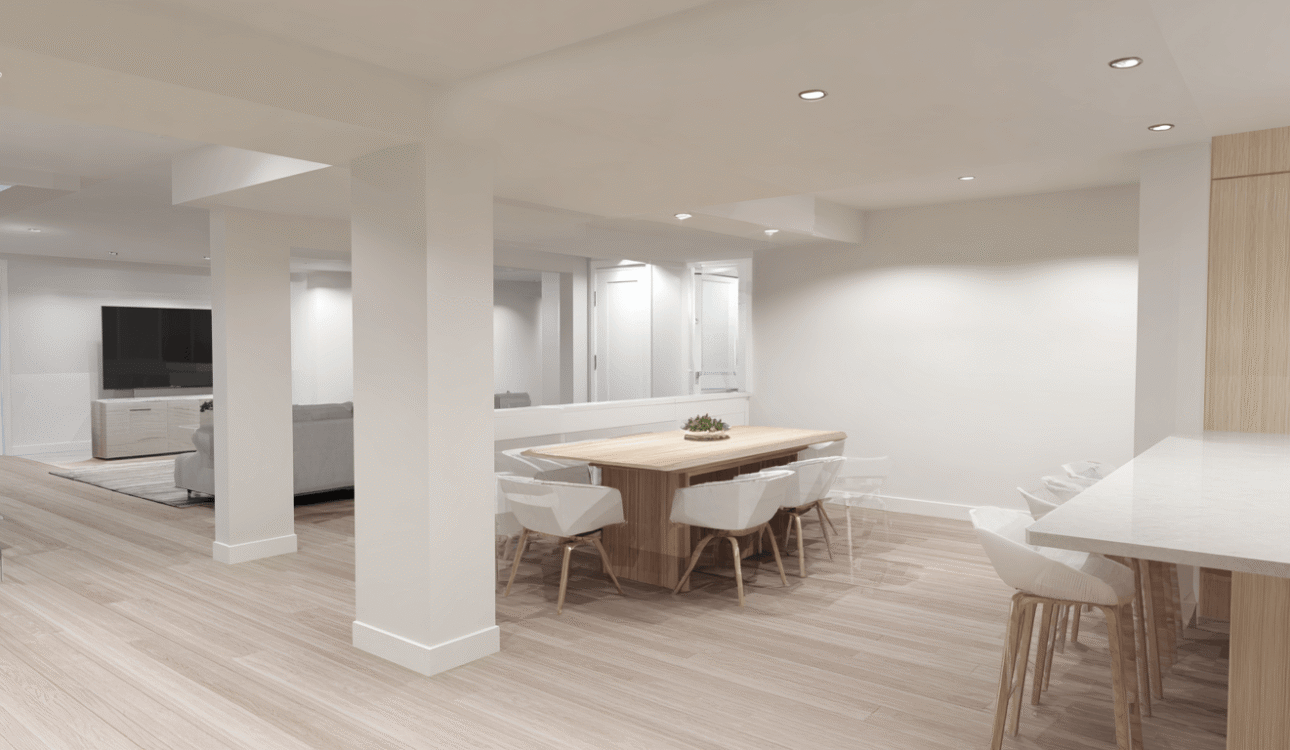 Basement apartment renovation Toronto with open concept layout, dining area and modern light finishes