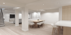 Basement apartment renovation Toronto with open concept layout, dining area and modern light finishes