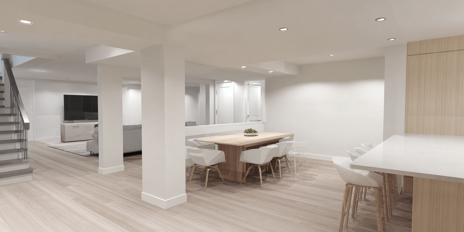Basement apartment renovation Toronto with open concept layout, dining area and modern light finishes