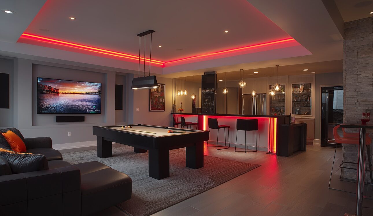 Basement finishing Toronto entertainment room with bar area, pool table, LED lighting and modern open layout