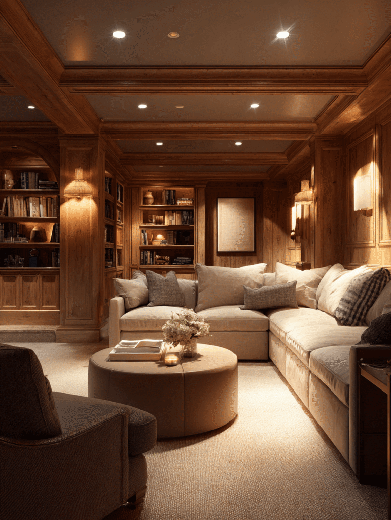 Basement finishing Toronto with luxury lounge design, wood paneling, built-in shelving and warm lighting