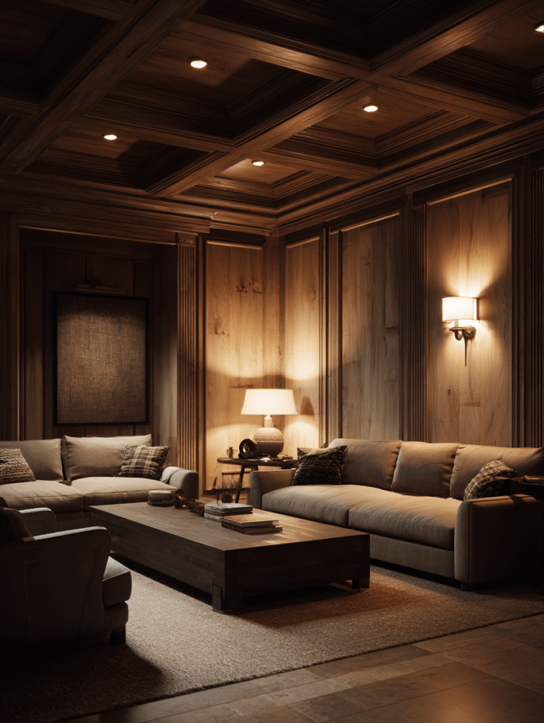 Basement renovation Toronto with coffered ceiling, custom wood walls and luxury living room design