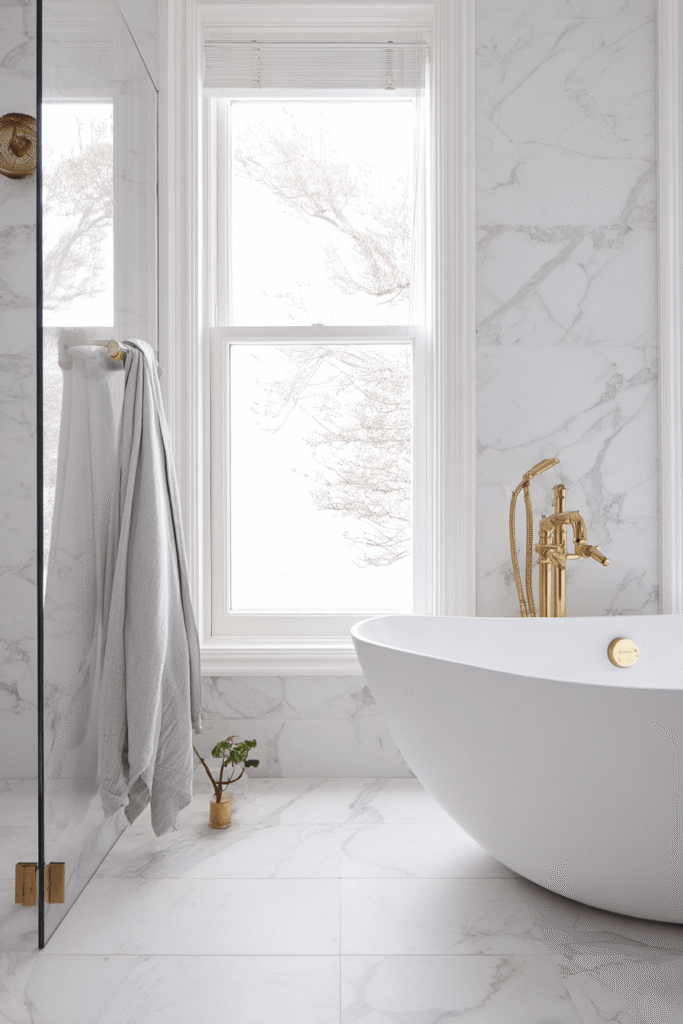 Bathroom renovation Toronto with white marble walls, freestanding bathtub and gold fixtures modern luxury design