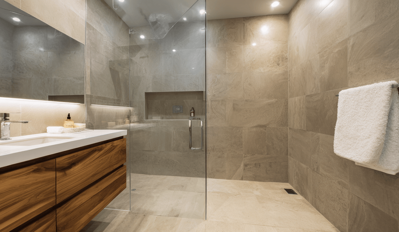 Bathroom renovation Toronto modern walk-in shower with large tiles, glass enclosure and wood vanity design