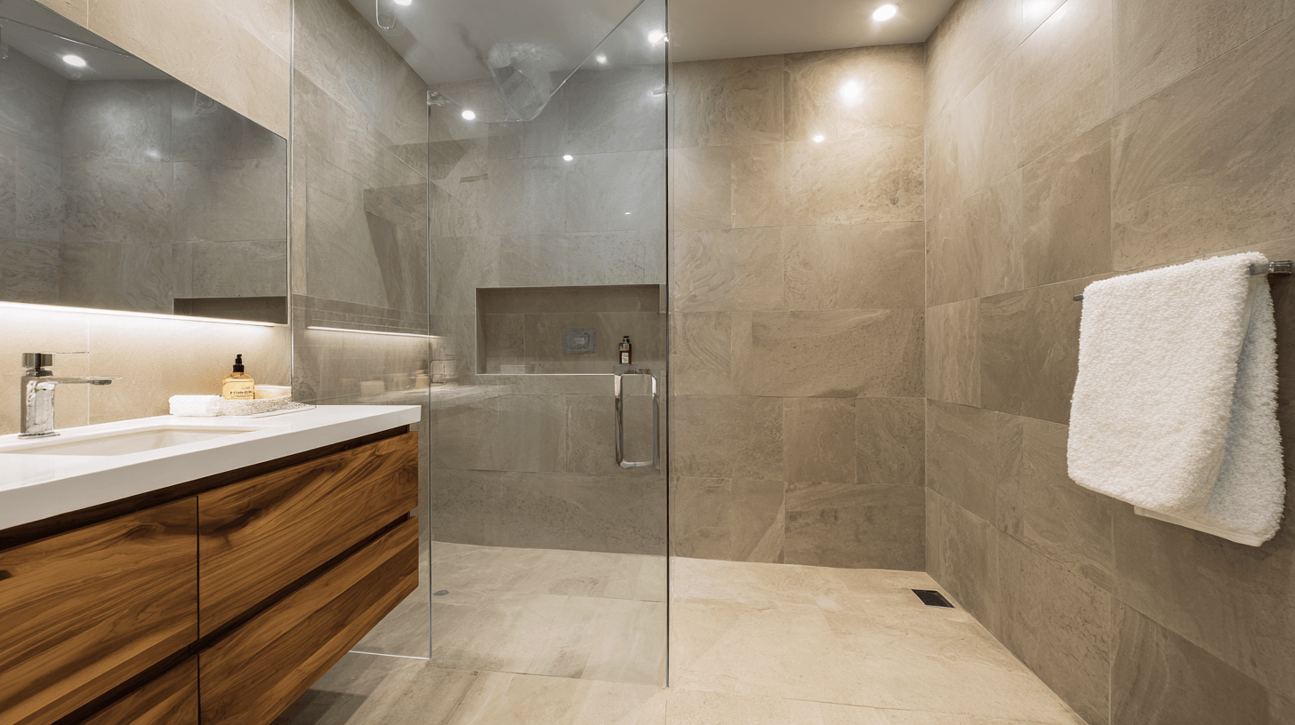 Bathroom renovation Toronto modern walk-in shower with large tiles, glass enclosure and wood vanity design