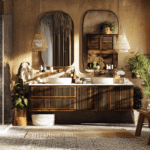 Spa-style bathroom renovation Toronto DIY featuring double vanity, plants, and warm earthy tones