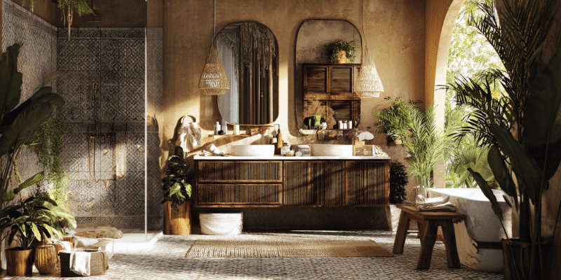 Spa-style bathroom renovation Toronto DIY featuring double vanity, plants, and warm earthy tones