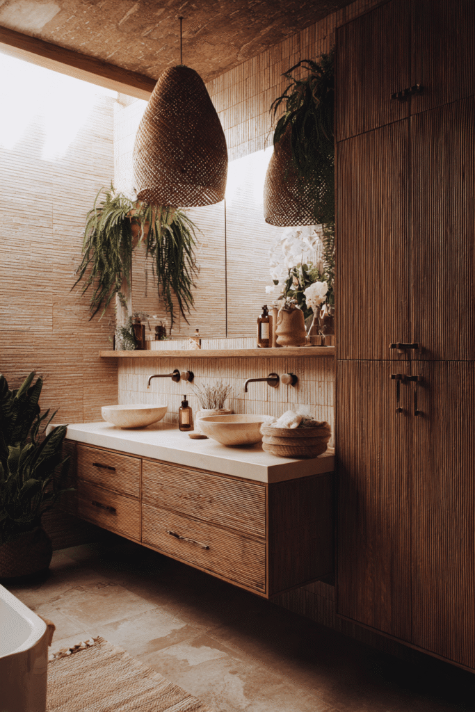 Bathroom renovation Toronto DIY with wood vanity, natural textures, and modern organic design