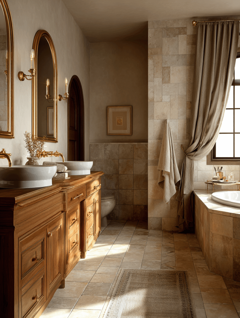 Bathroom renovation Toronto double vanity with wood cabinetry, tile flooring and classic design materials