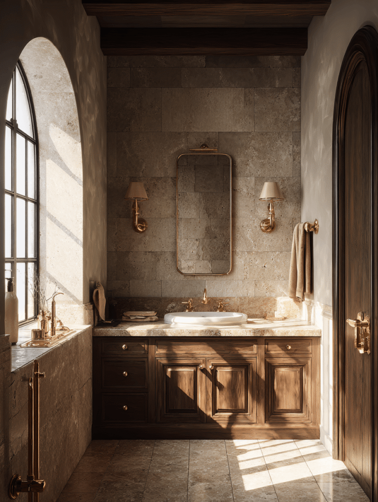 Bathroom renovation Toronto with stone tile walls, wood vanity and brass fixtures showing durable material selection