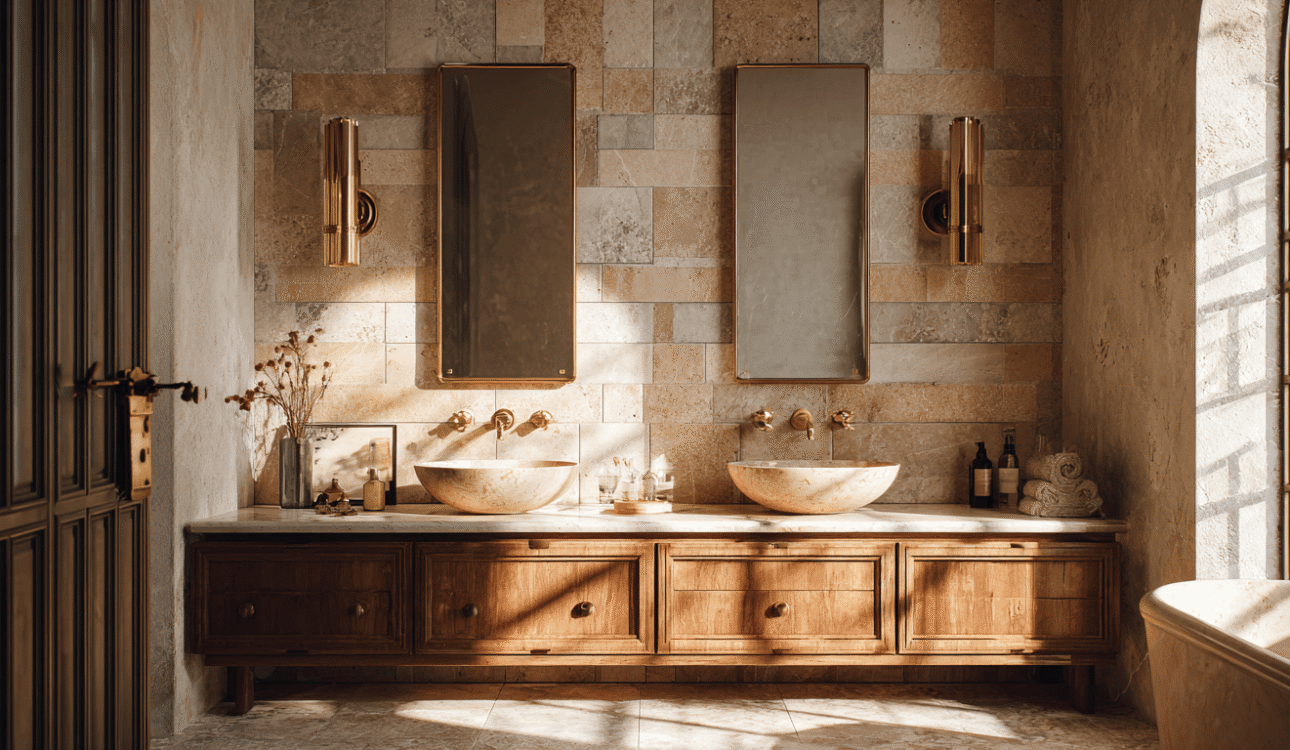 Bathroom renovation Toronto with textured wall tiles, double sink vanity and natural stone materials