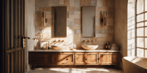Bathroom renovation Toronto with textured wall tiles, double sink vanity and natural stone materials