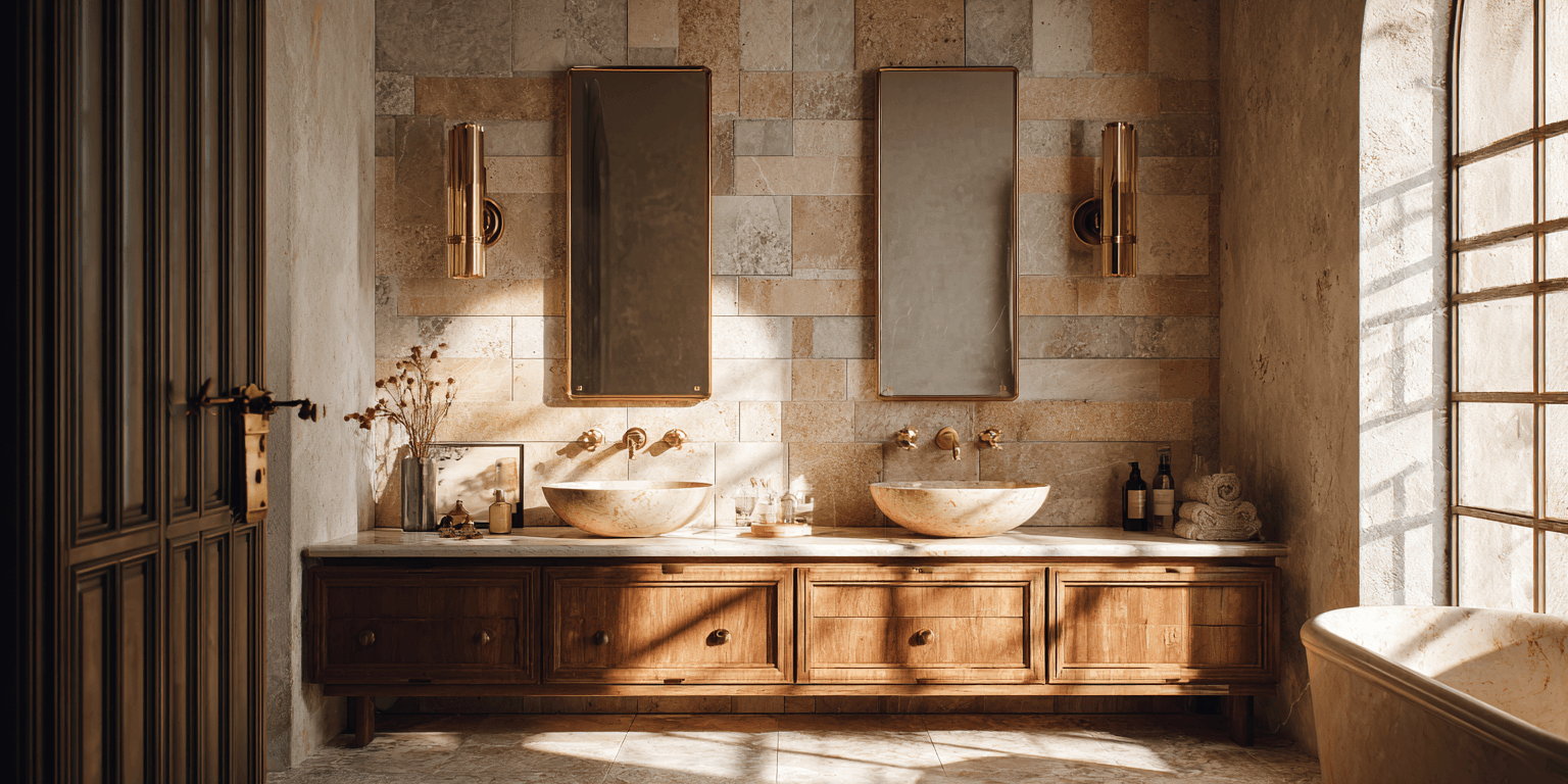 Bathroom renovation Toronto with textured wall tiles, double sink vanity and natural stone materials