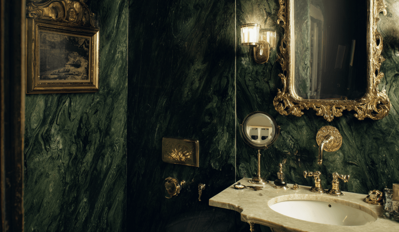 Luxury bathroom renovation Toronto featuring green marble walls, gold fixtures and classic vintage mirror design