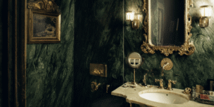 Luxury bathroom renovation Toronto featuring green marble walls, gold fixtures and classic vintage mirror design