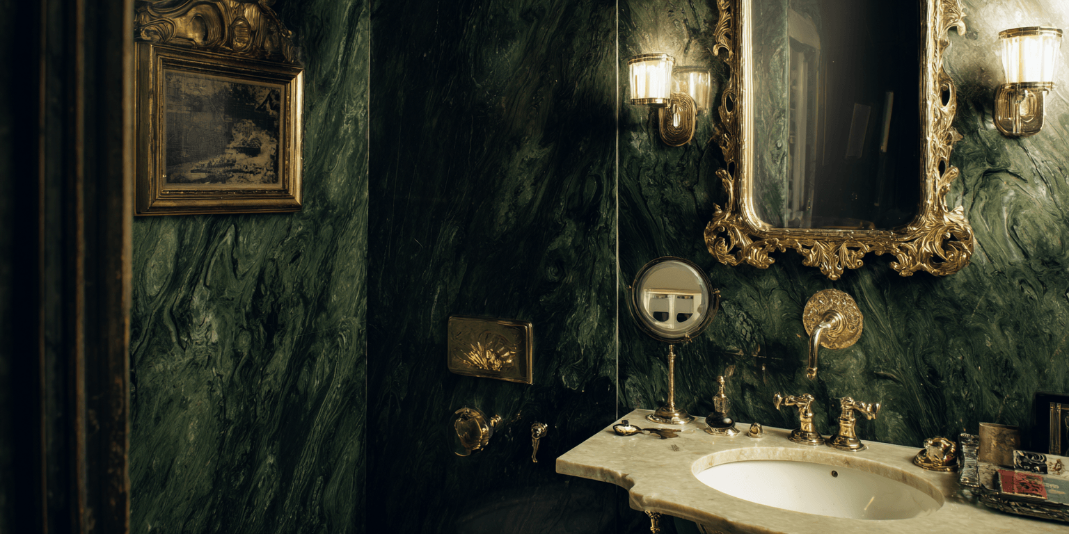 Luxury bathroom renovation Toronto featuring green marble walls, gold fixtures and classic vintage mirror design