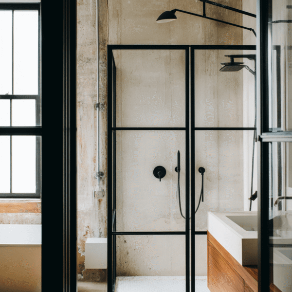 Luxury bathroom renovation Toronto with industrial loft design, black framed glass shower and modern wood vanity