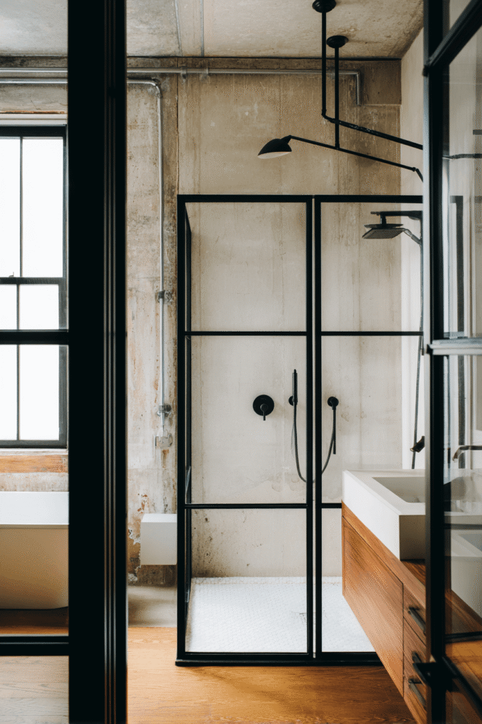 Luxury bathroom renovation Toronto with industrial loft design, black framed glass shower and modern wood vanity